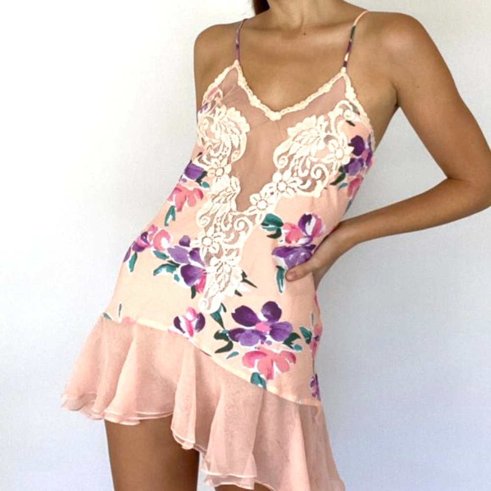 Vintage Peach Floral Ruffle Lace Mini Slip Dress - Picture 6 of 12